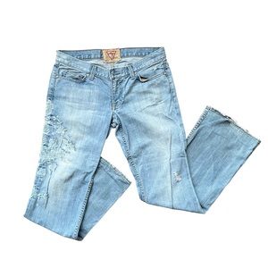 Guess Premium Y2K Embroidered Flared Light Wash Distressed Jeans